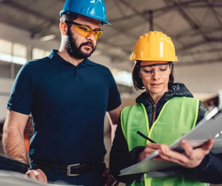 Man and Woman in safety hard hats